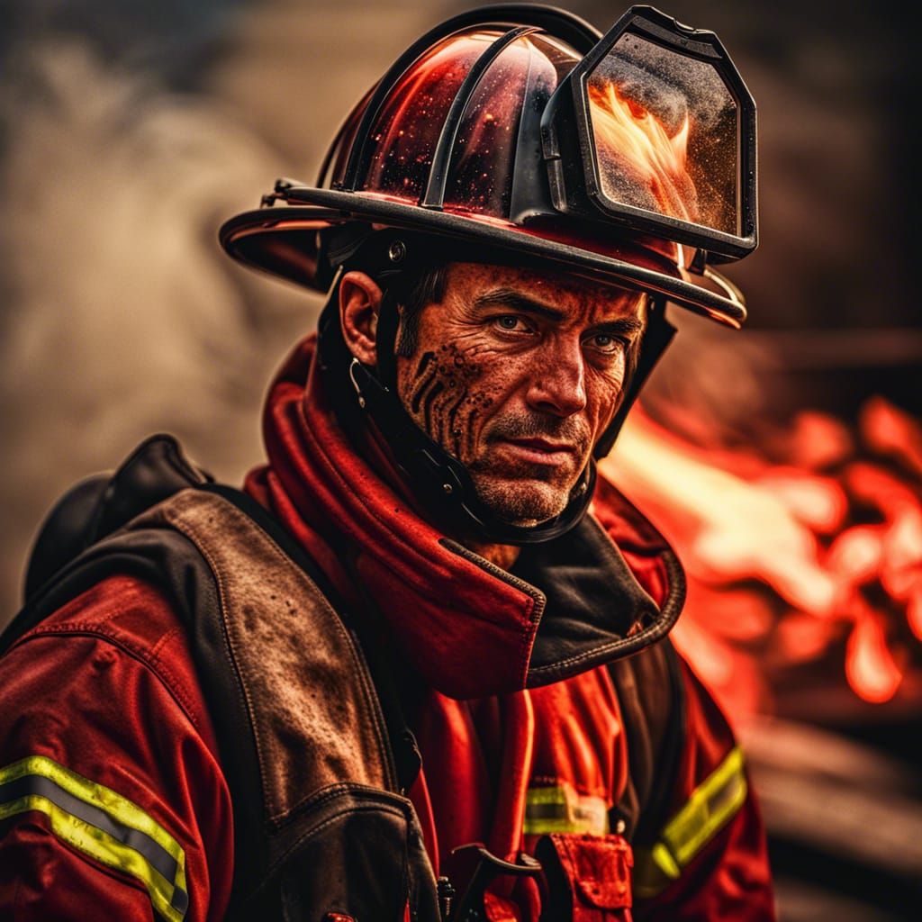 Hyperrealistic Firefighter Portrait in Fiery Blaze