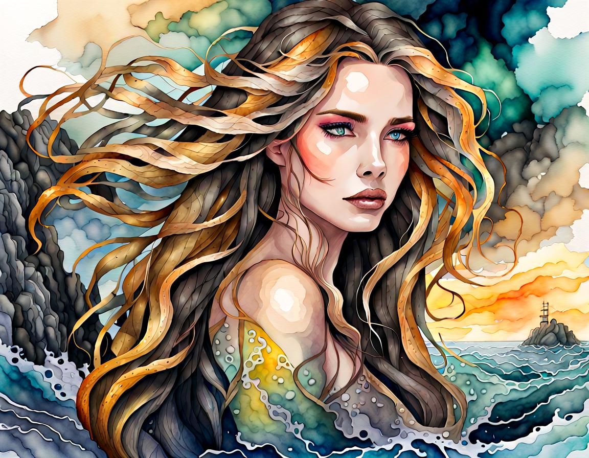 Modern Siren Luring Sailors, Watercolor and Ink Painting