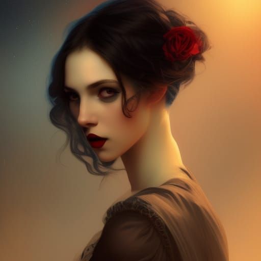 Eerie Victorian Portrait of Sad Woman with Roses