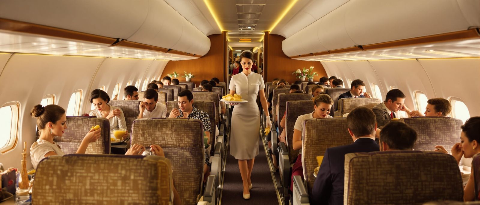 1960s Airplane Cabin Scene: Elegant Absurdity