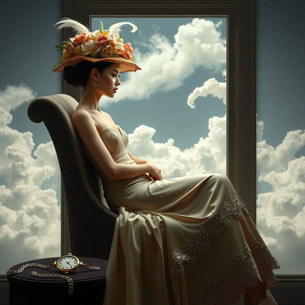 Surreal Woman in Clouds, Art Deco Style