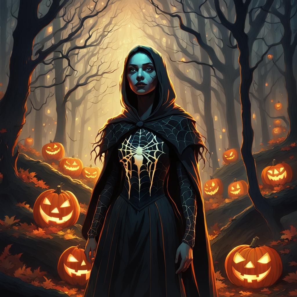 Halloween Spider Woman in Spooky Forest, Digital Art