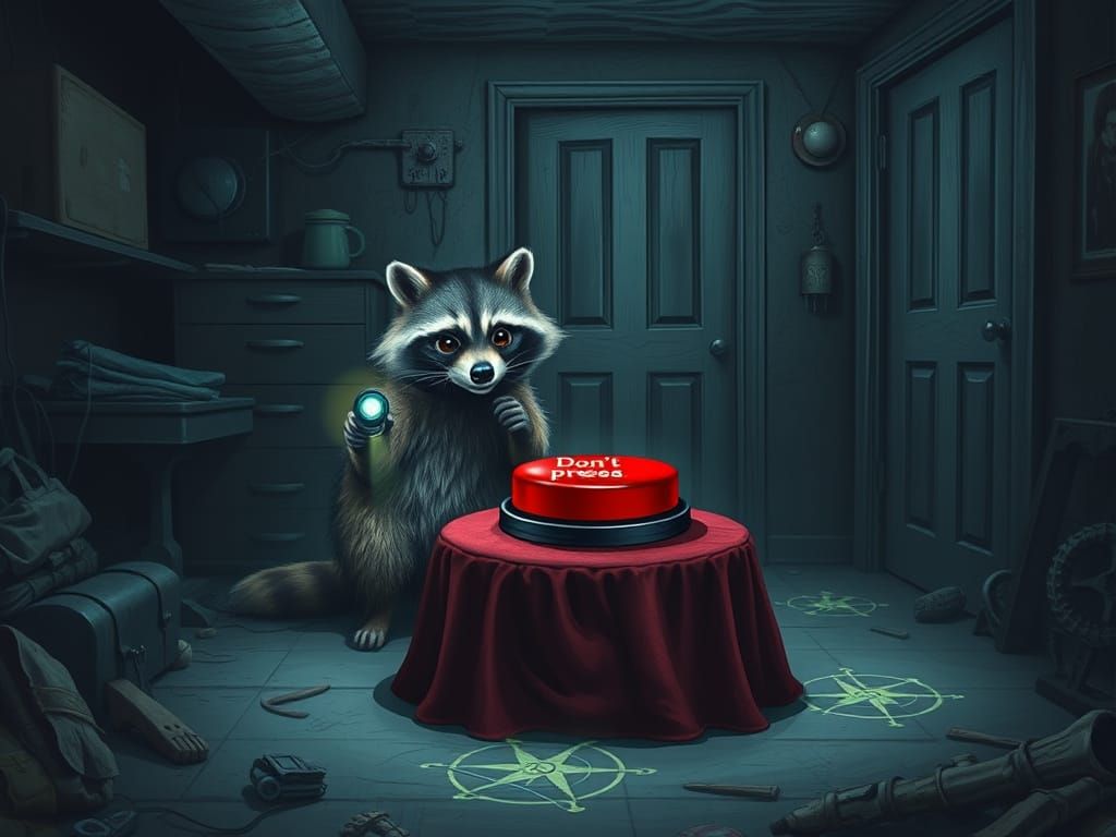Mysterious Raccoon Contemplates the Red Button in a Haunted ...