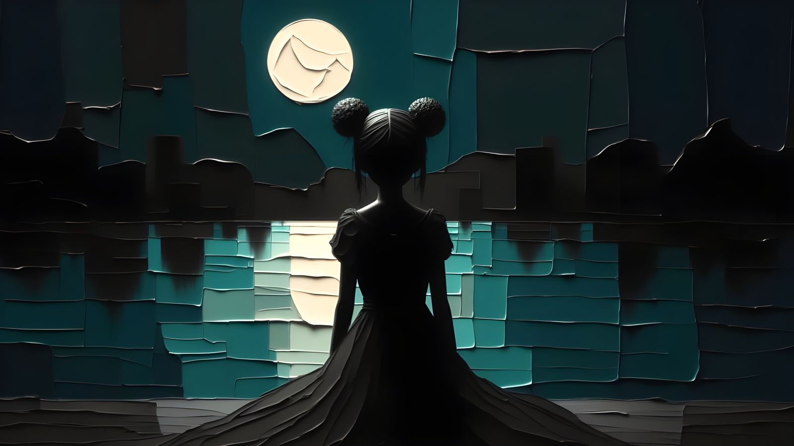 Heart-Shaped Moon over Shadow World in Vaporwave Style