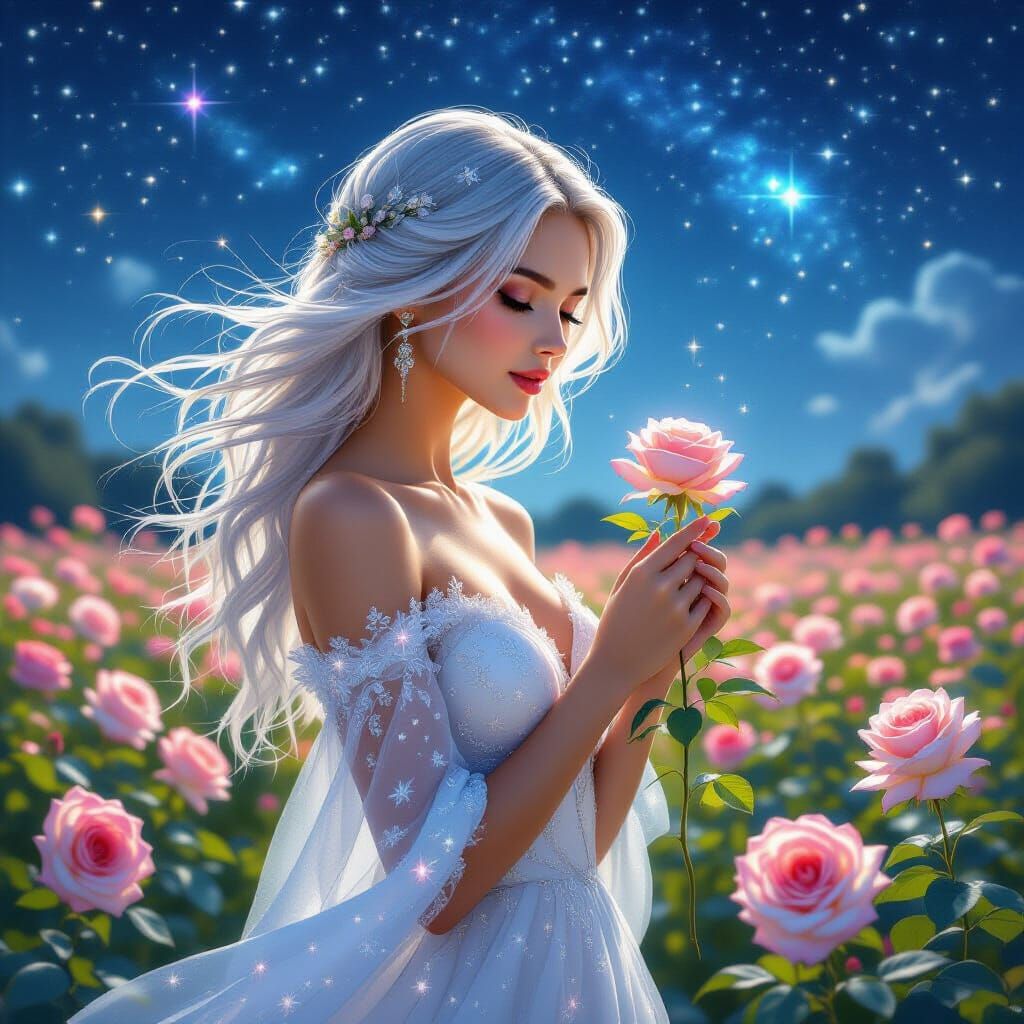 Ethereal Woman in Starlit Rose Garden