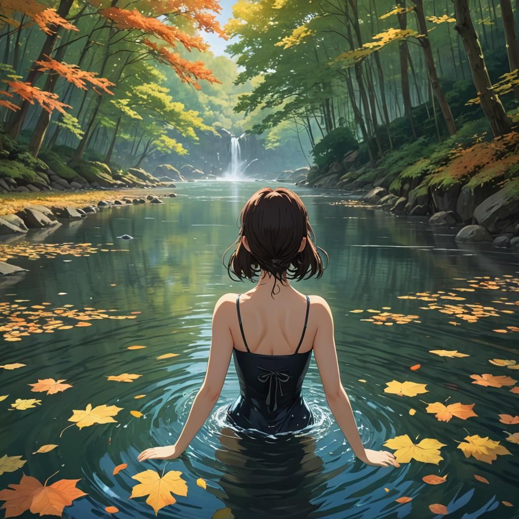 Anime Style: Young Woman Swimming in Autumn River