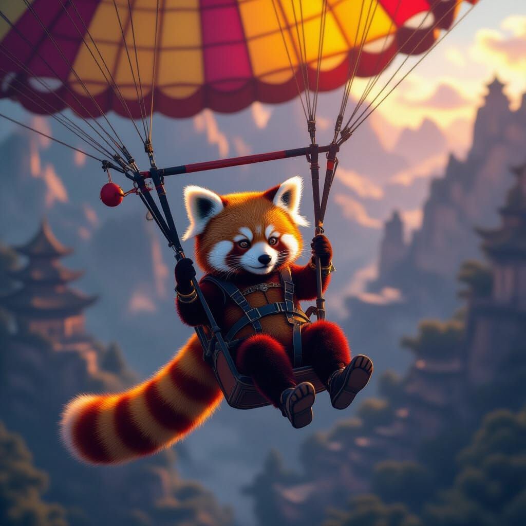 Red Panda Parasailing in Dark Fantasy Style