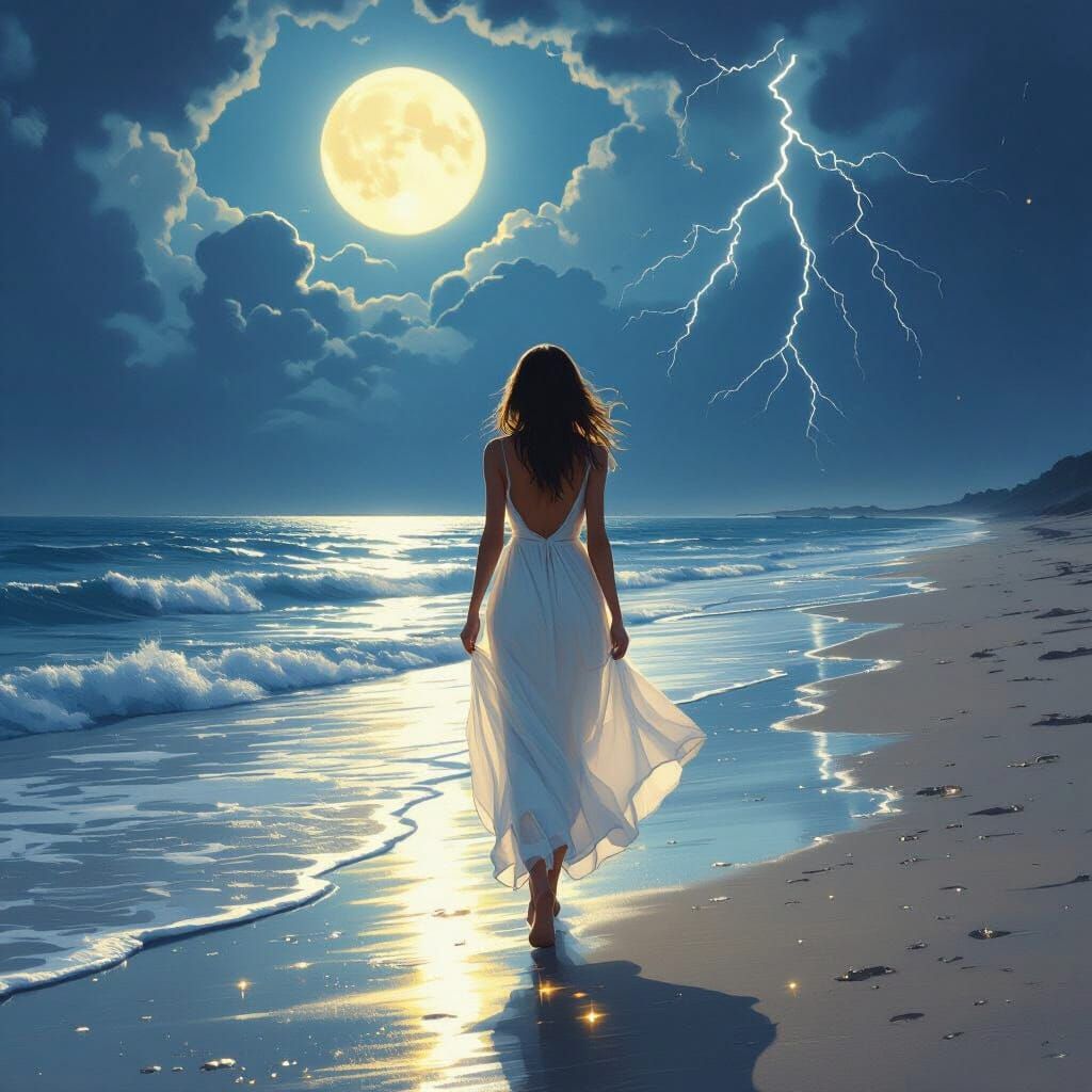 Moonlit Seashore Walk with Mystical Light