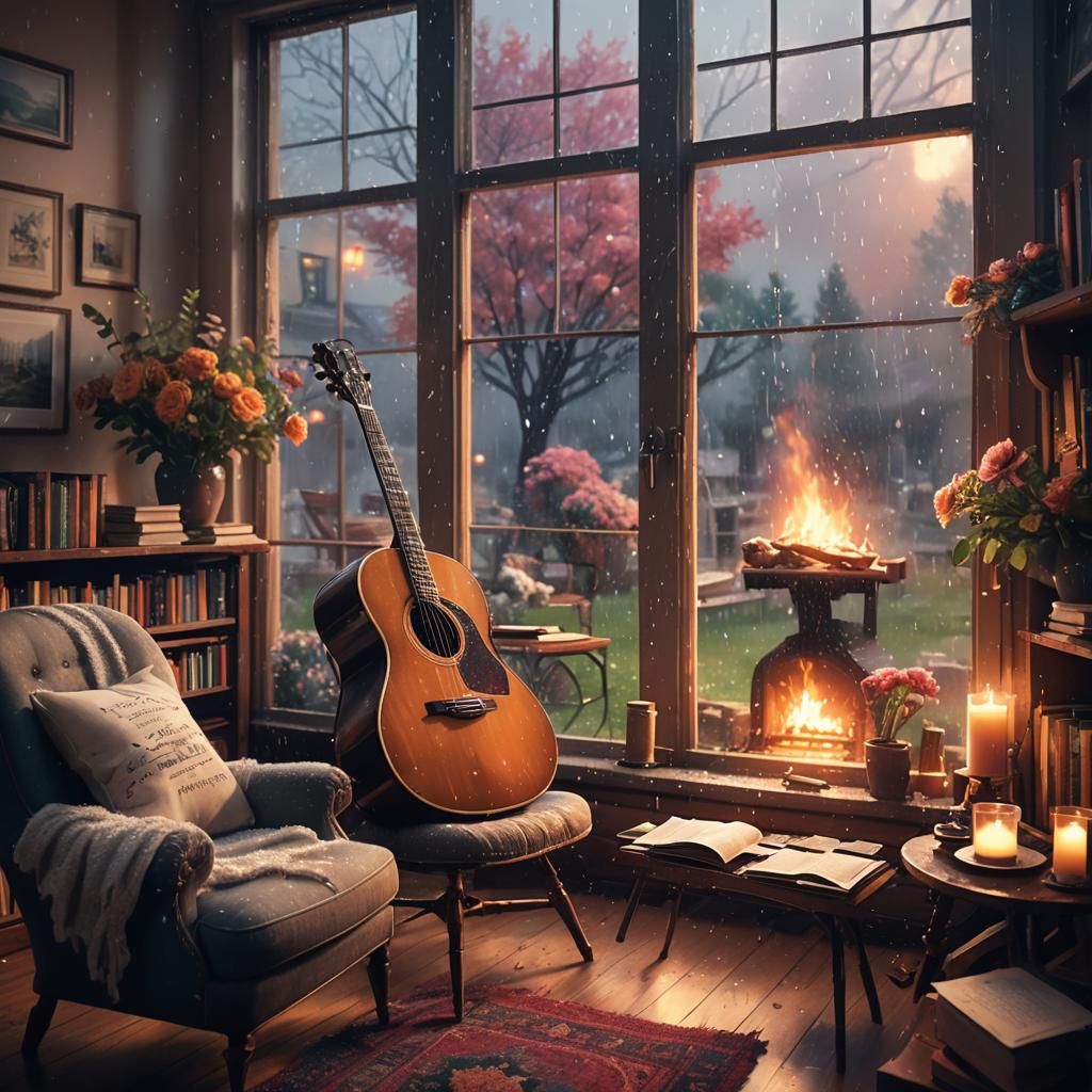 Cozy Room with Fireplace in Fantasy Art Style
