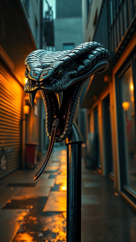 Gritty Film Noir Cobra Cane in a Rain-Soaked Alleyway