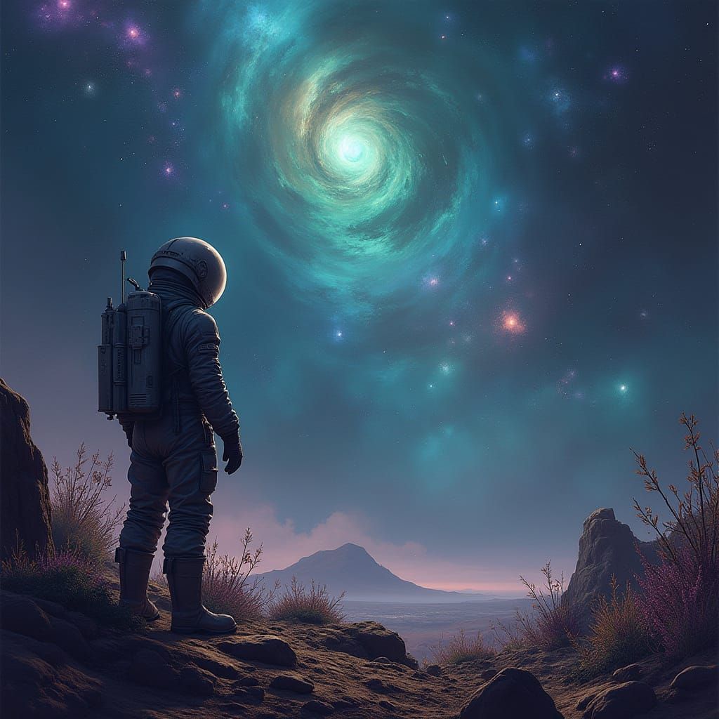 Astronaut on Alien Planet Gazing at Nebula