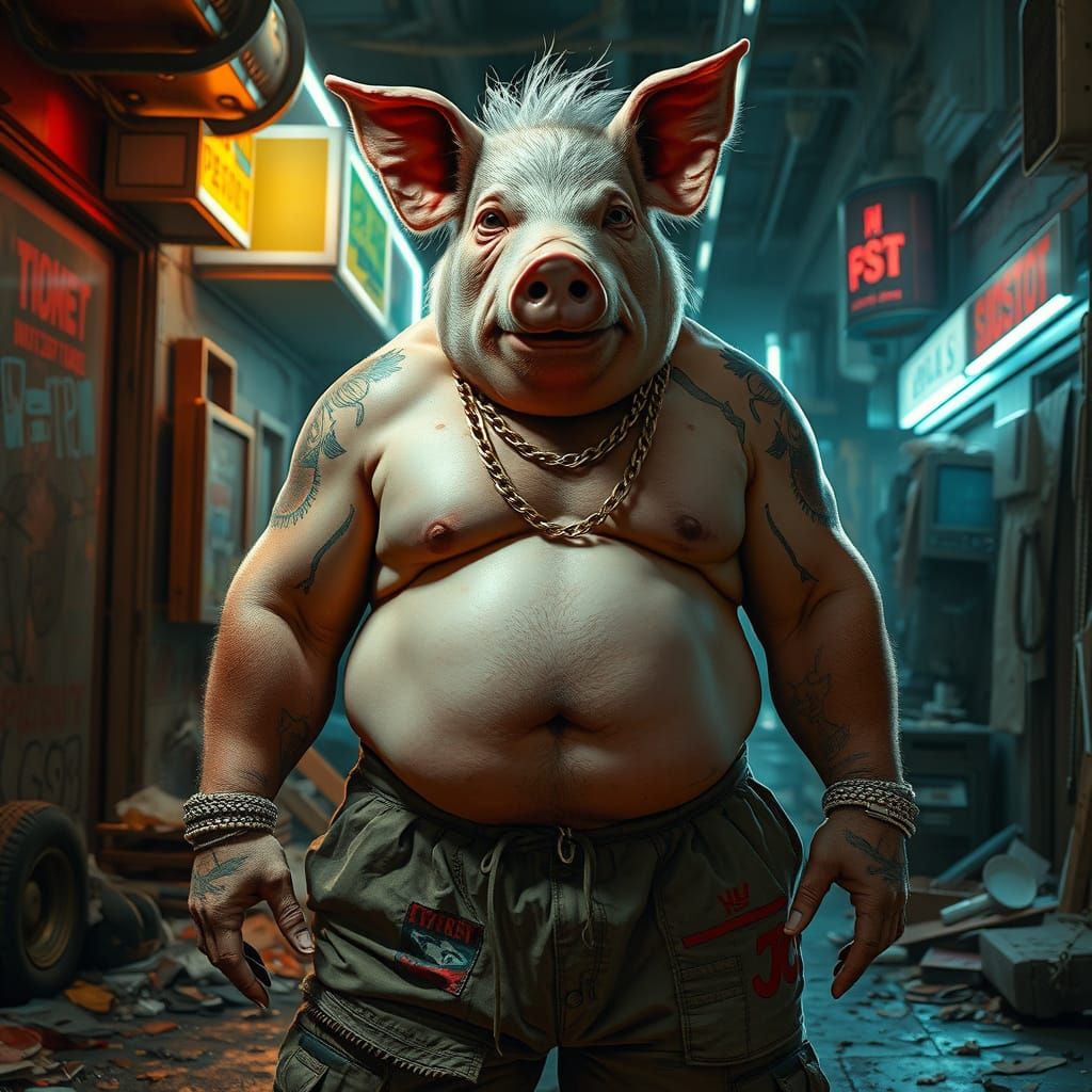 Pig-Headed Hip-Hopper in Cyberpunk Slum