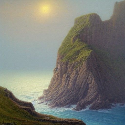 Castle Ruins Cliffside Oil Painting in Fog