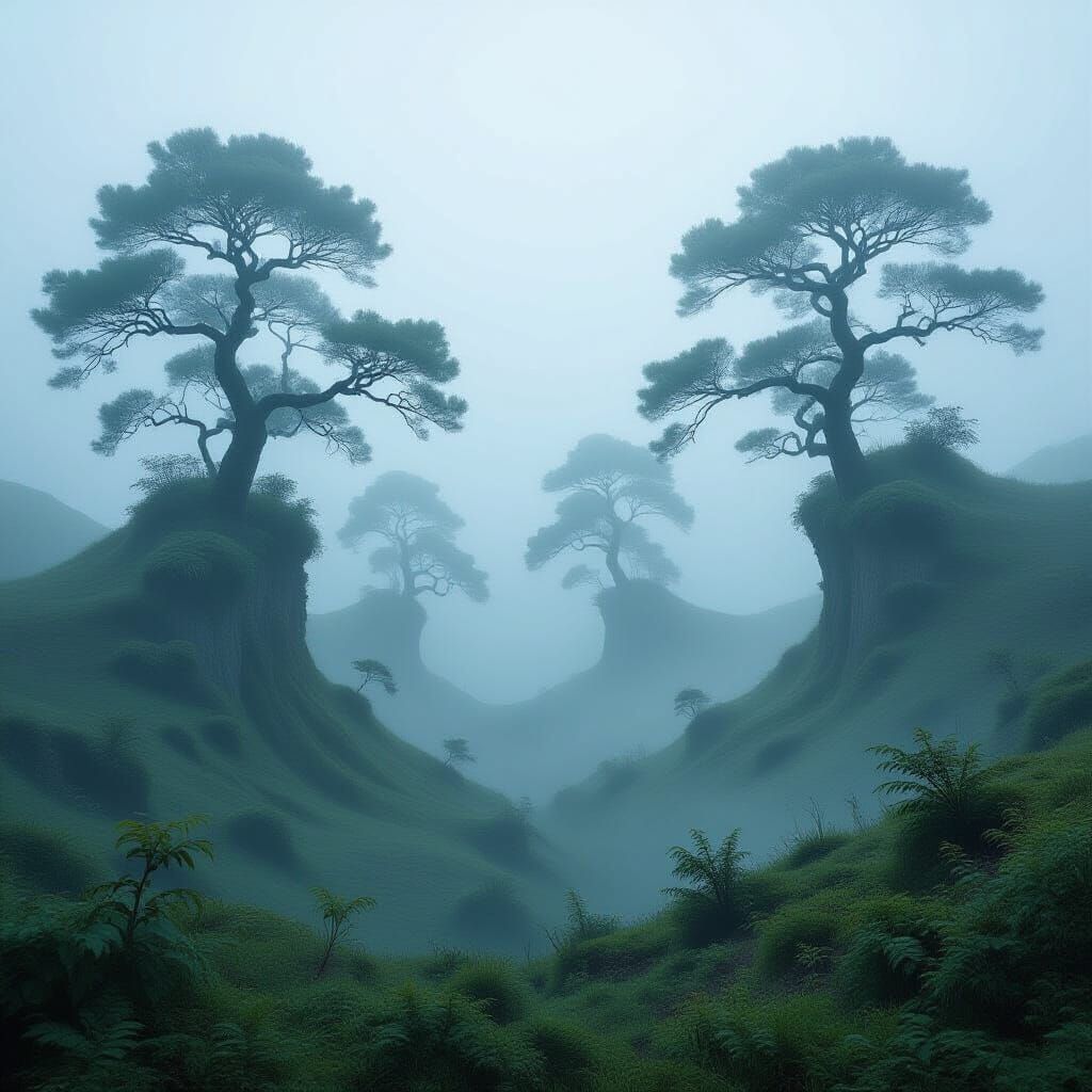 Surreal Fog Sculptures in Mystical Forest Landscape