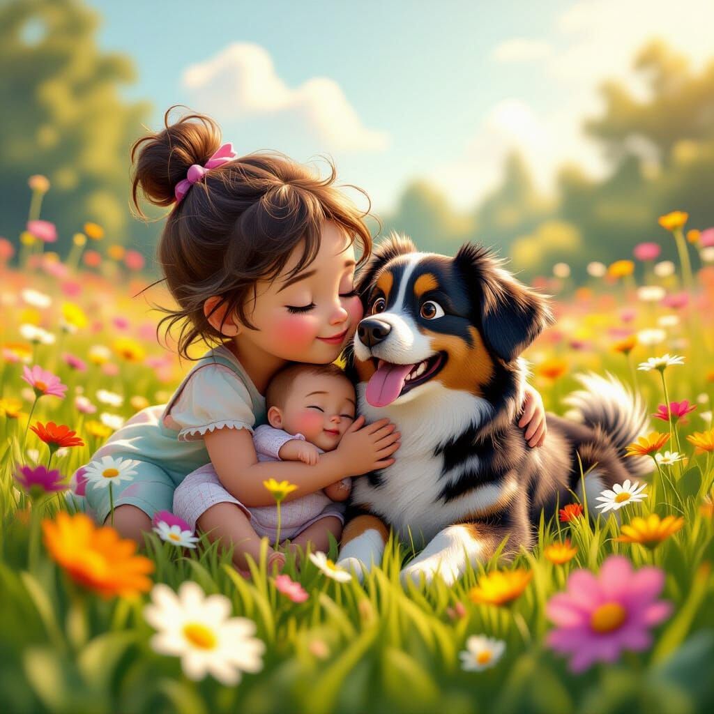 Baby and Dog in Flower Meadow, Pixar-Inspired