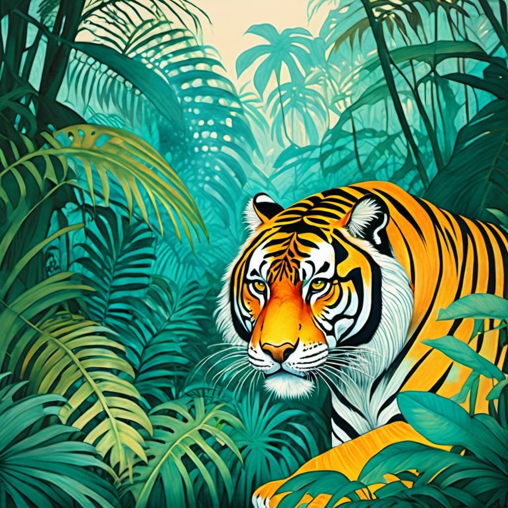 Ethereal Art Nouveau Tiger in Tropical Rainforest