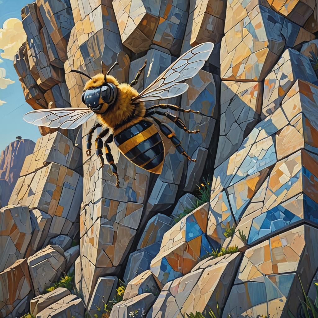 Giant Bee in Geometric Cubist Landscape