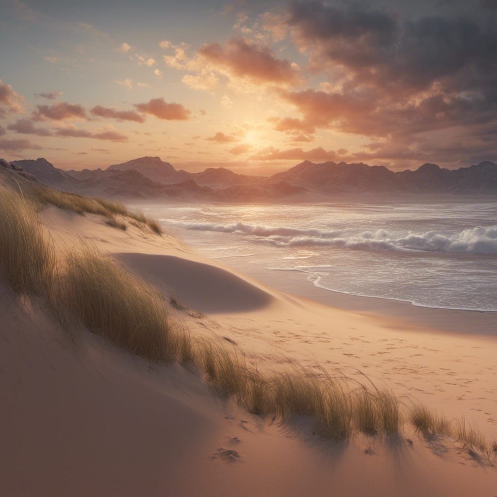 Sunset Beach with Dunes: Detailed Matte Painting