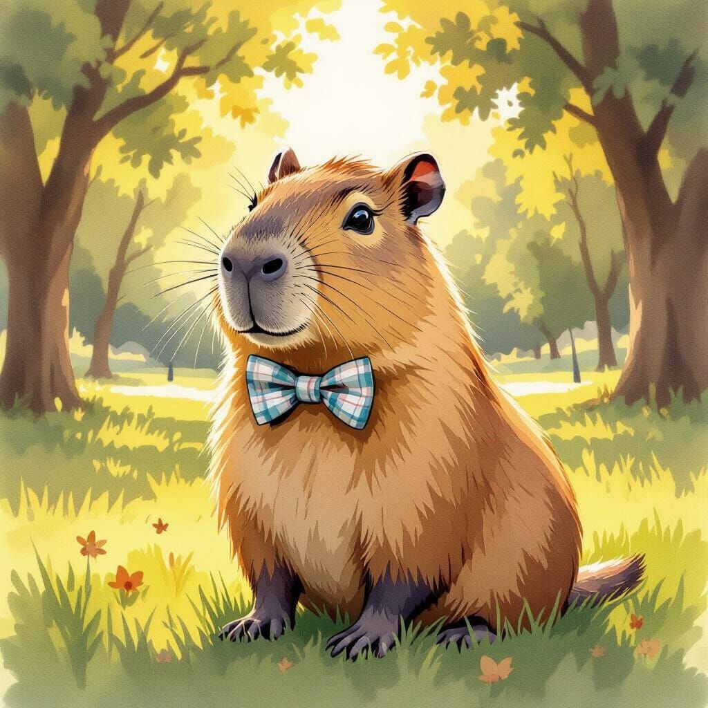 Capybara in Preppy Bow Tie in Sunlit Park Watercolor