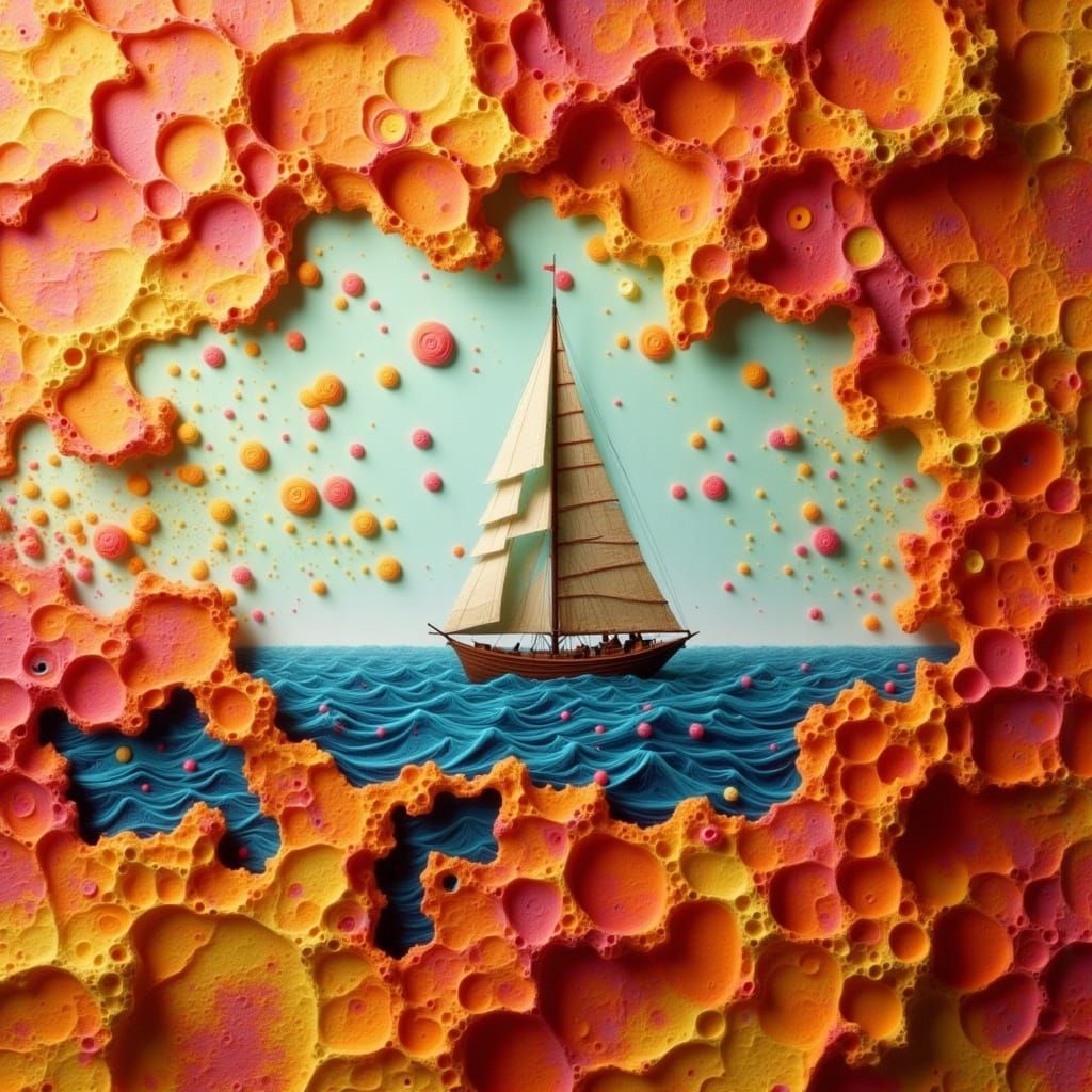 Torn Paper Sailboat in Hyper-Maximalist Style