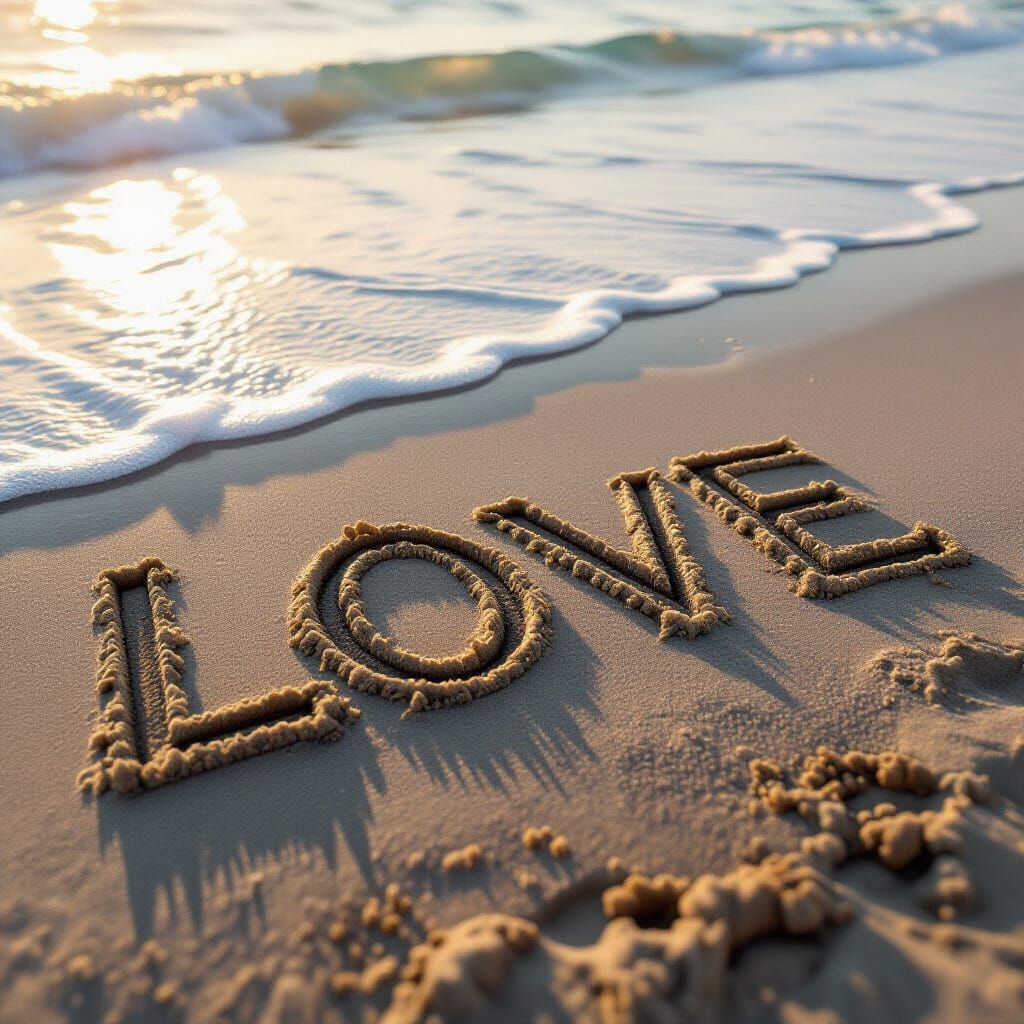 LOVE Inscribed on Wet Sand by Gentle Ocean Waves