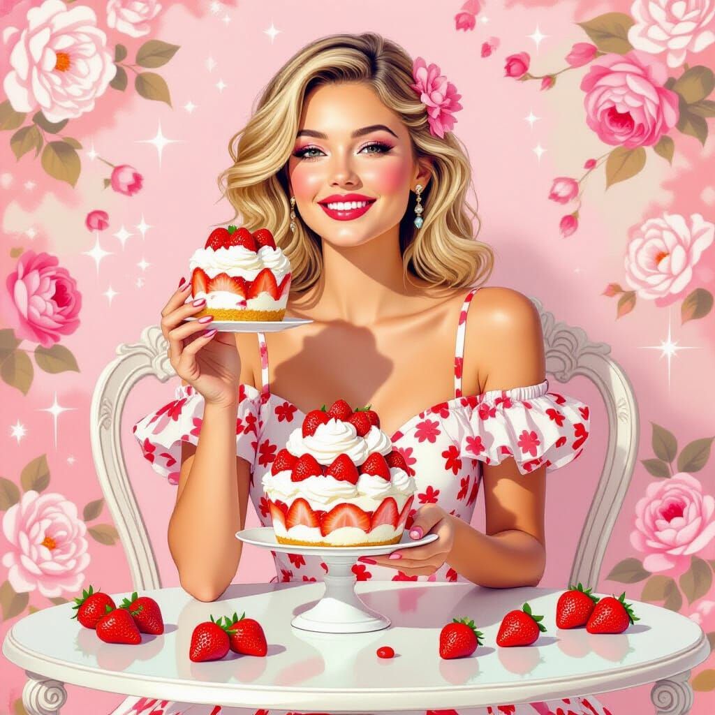 Blonde Woman with Strawberry Parfait in Floral Setting