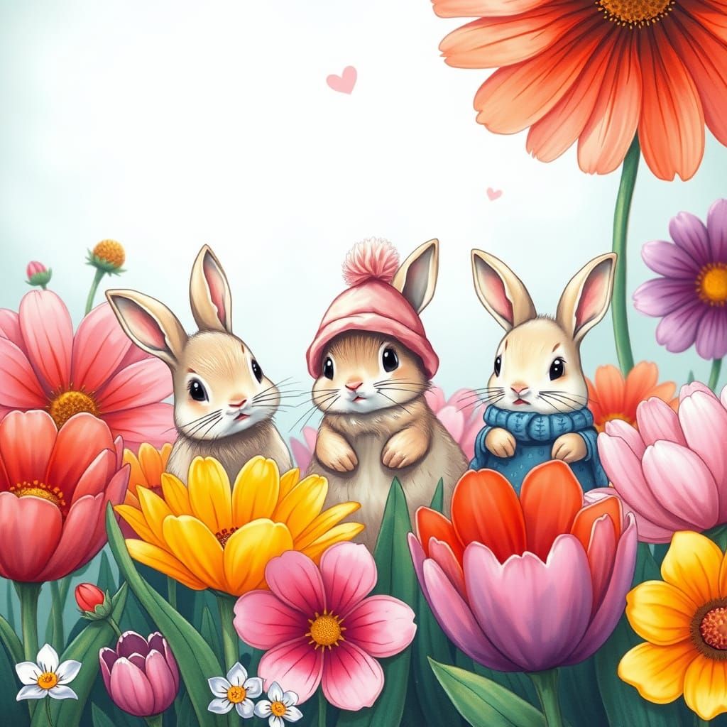Kawaii Cartoon Bunnies in Vibrant Floral Scene