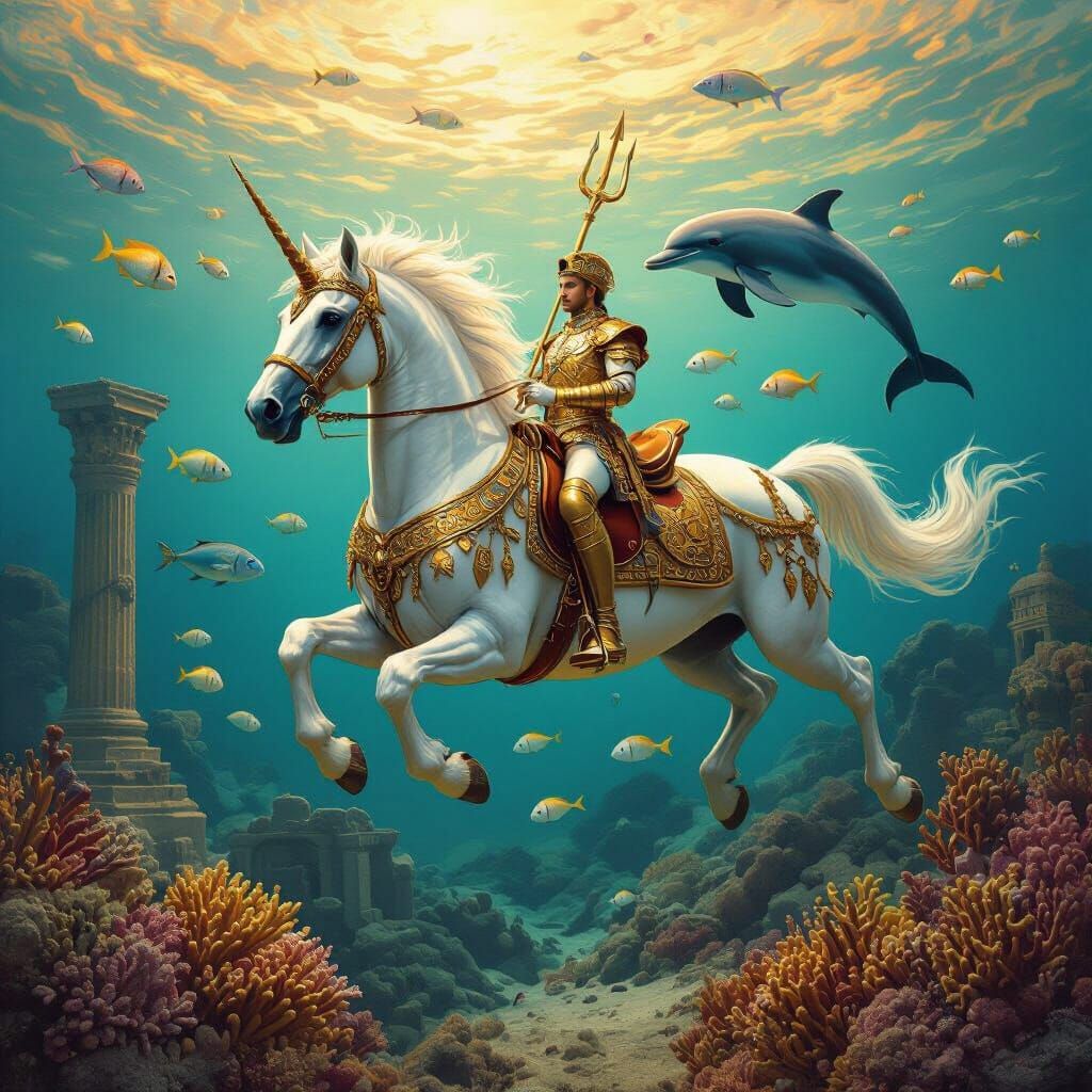 Golden Armored Seahorse Galloping Through Coral Reef