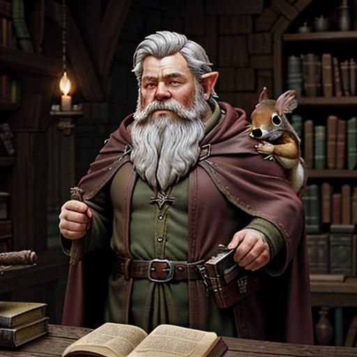 Whimsical Gnome in Tattered Robes Holds Spellbook and Quill