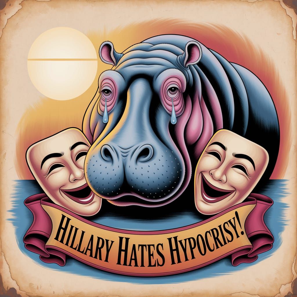 Melancholic Hippo with Masks as Gouache Caricature