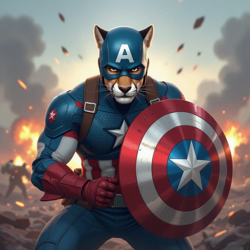 Captain America as Cheetah on Battlefield, Blended Art Style...