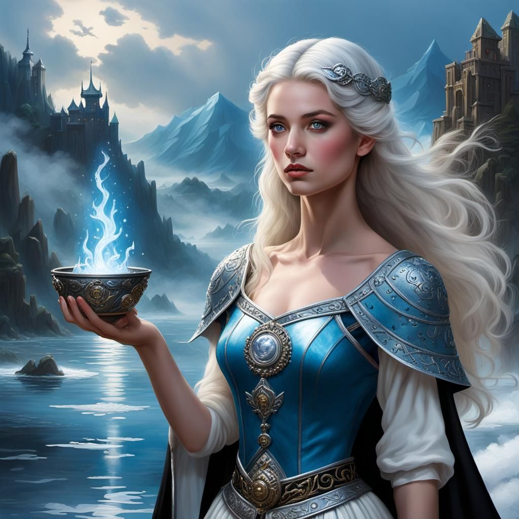 Fantasy Woman Warrior with Sword in Snowy Landscape