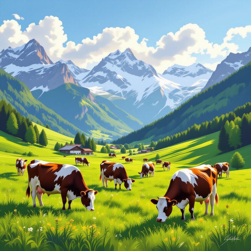 Peaceful Alpine Herd Grazing in Sunlit Swiss Valley