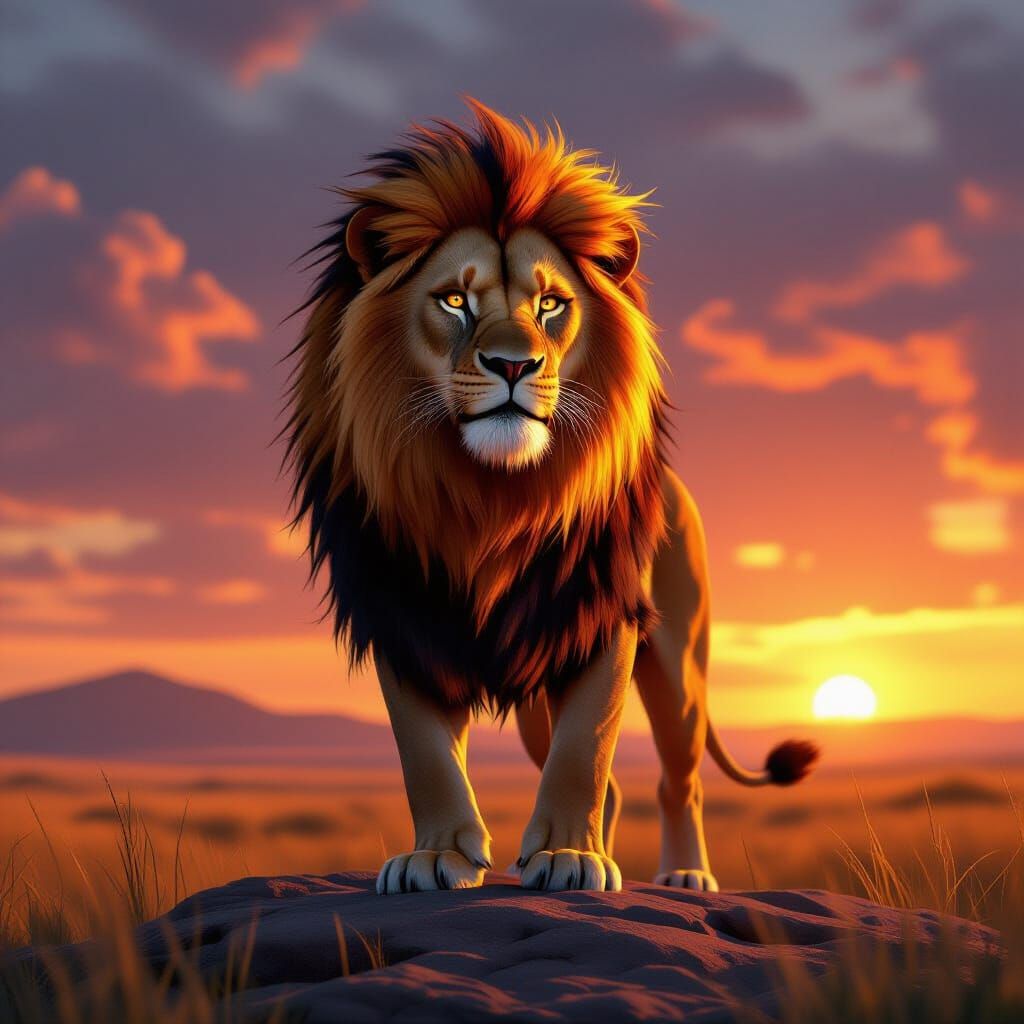 Majestic Lion on Savanna Outcrop at Sunset
