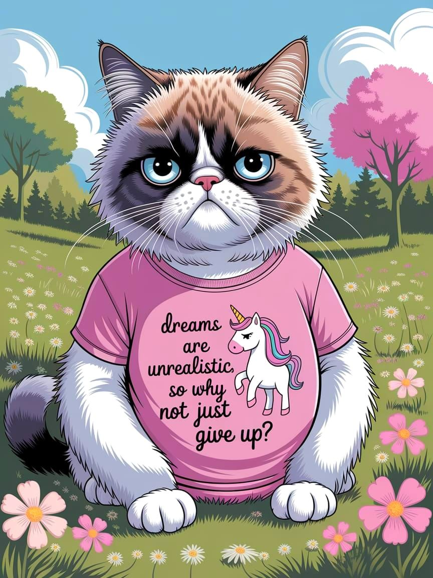 Whimsical Grumpy Cat in Pastel Paradise