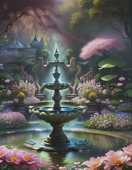 Elegant Fountain in Fantasy Garden: Oil Painting