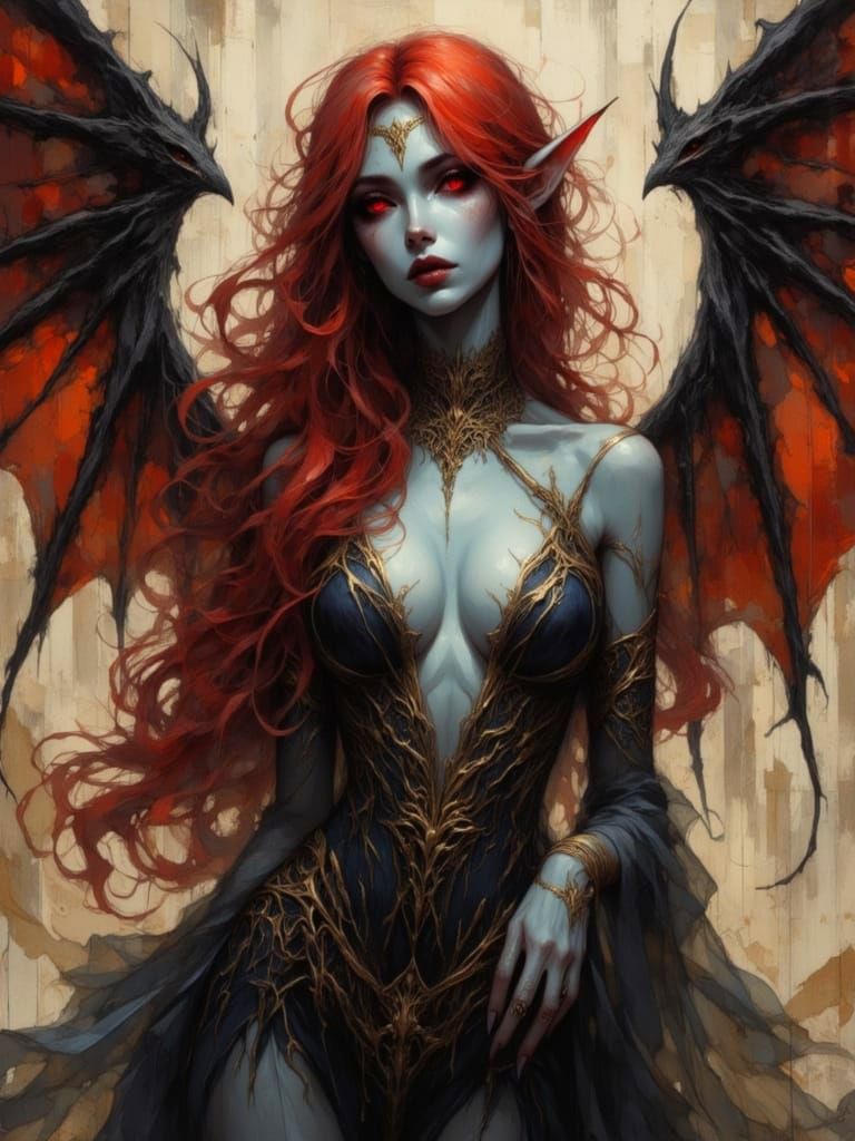 Elegant Elven Woman with Fiery Hair and Bat Wings