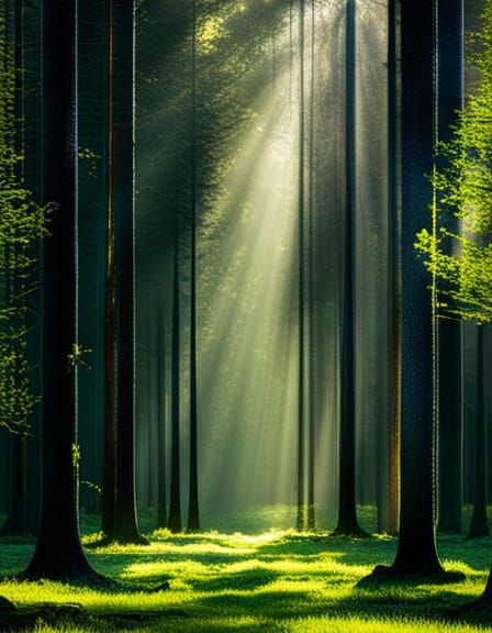 Enchanted Forest Scene with Sunbeams