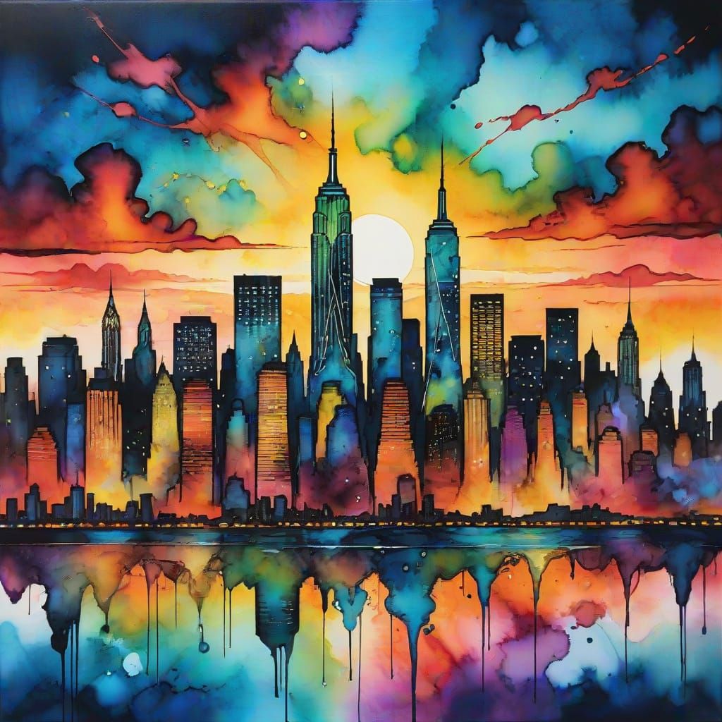 Surreal Sunset Cityscape in Vibrant Alcohol Ink