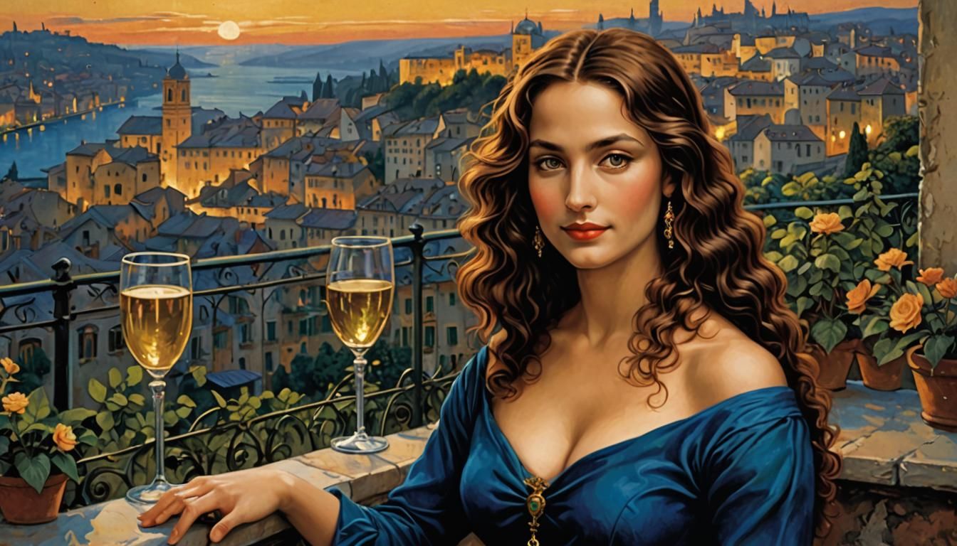Elegant Woman on Italian Terrace at Sunset