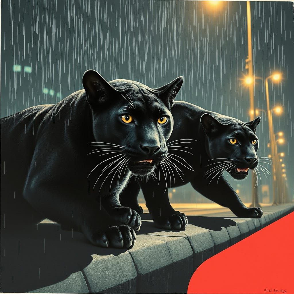 Hyperrealist Panthers Under Rainy Night