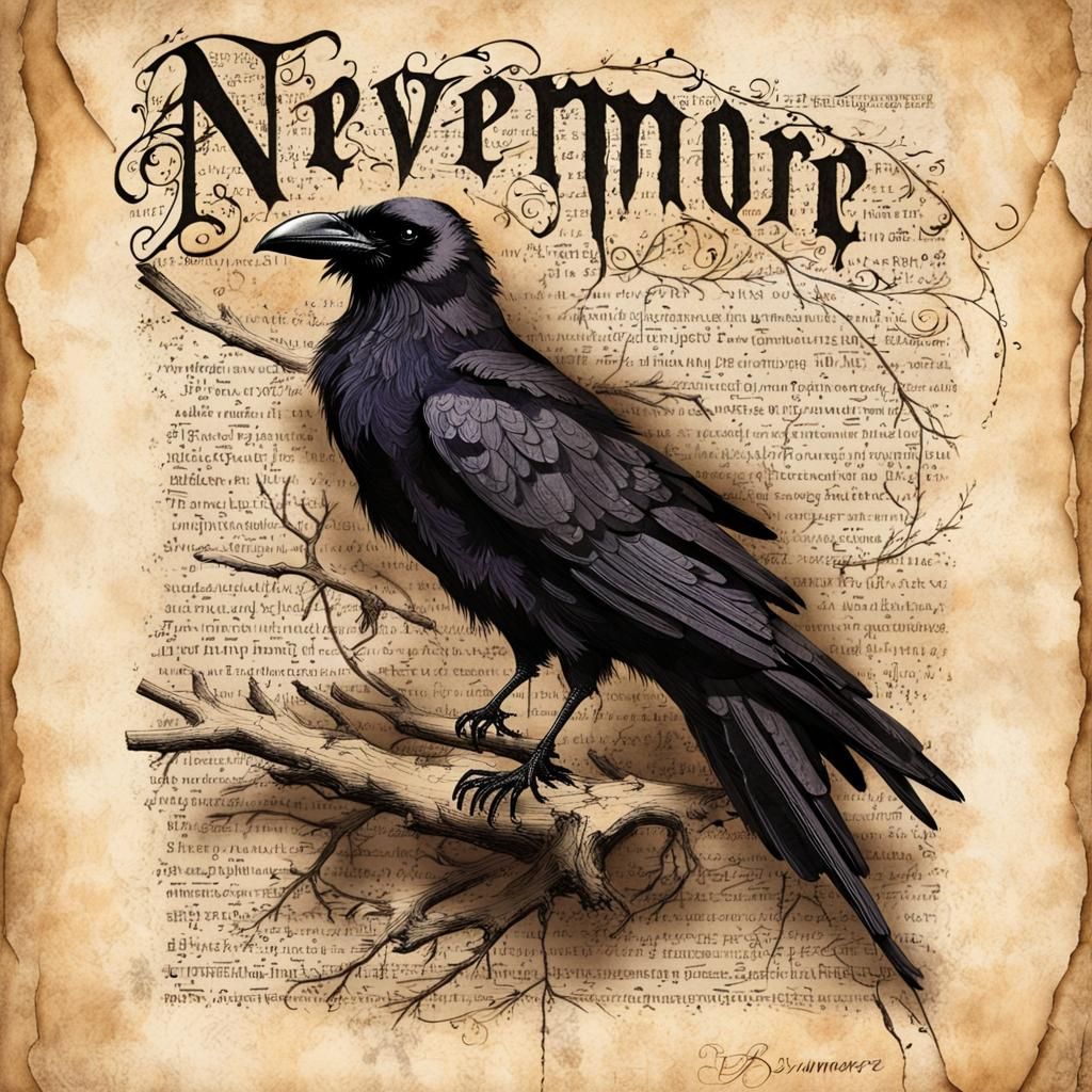 Iridescent Raven Perched on Nevermore Branch
