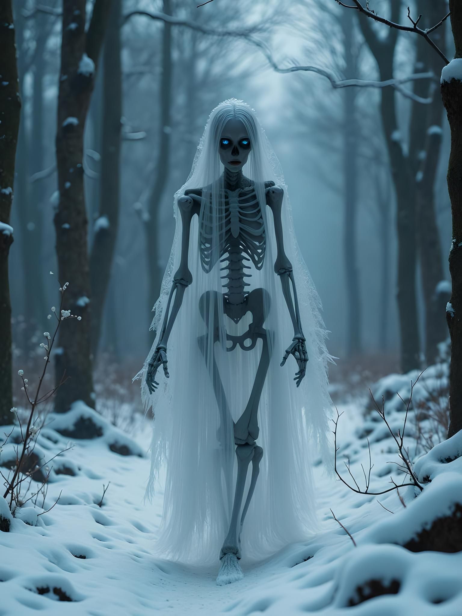 Creepy Ghost Wandering Through a Winter Forest