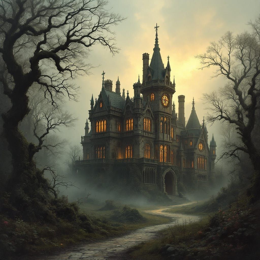 Gothic Manor House in Misty Valley
