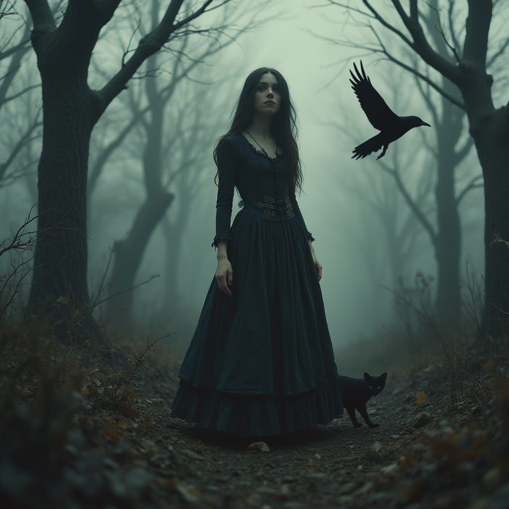 Eerie Victorian Girl in Giger-Inspired Landscape