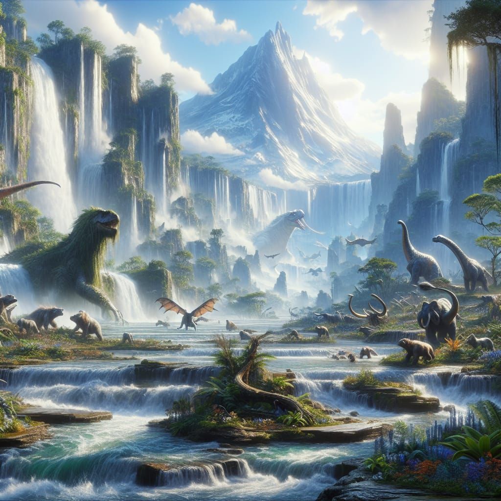 Prehistoric Wonderland with Waterfalls and Majestic Creature...
