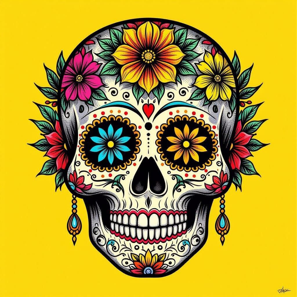 Rainbow Sugar Skull Charcoal Drawing with Floral Patterns