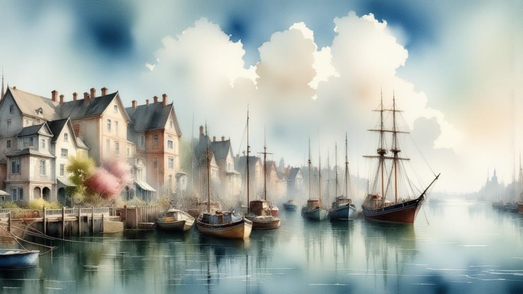 Serene Harbor Town with Sailboats at Dawn