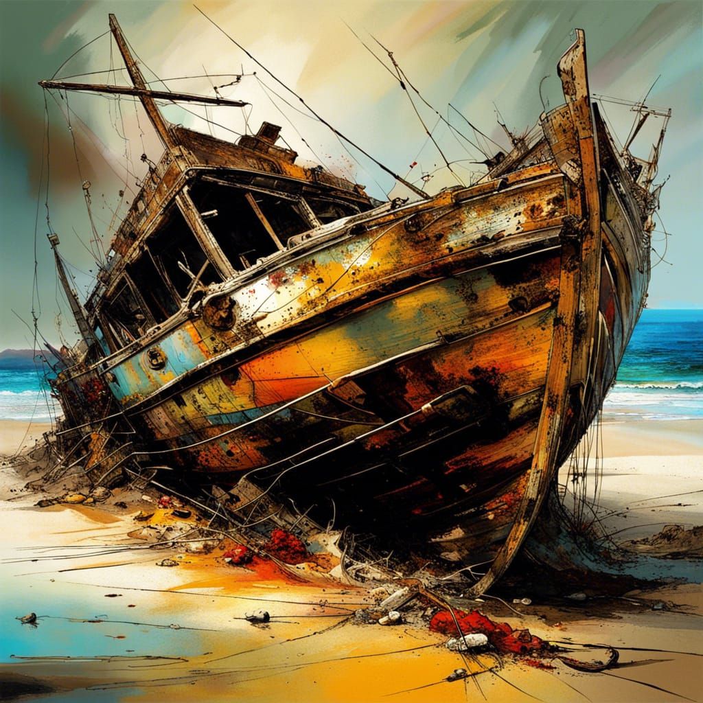 Dramatic Collapsing Shore Boat in Surrealist Style
