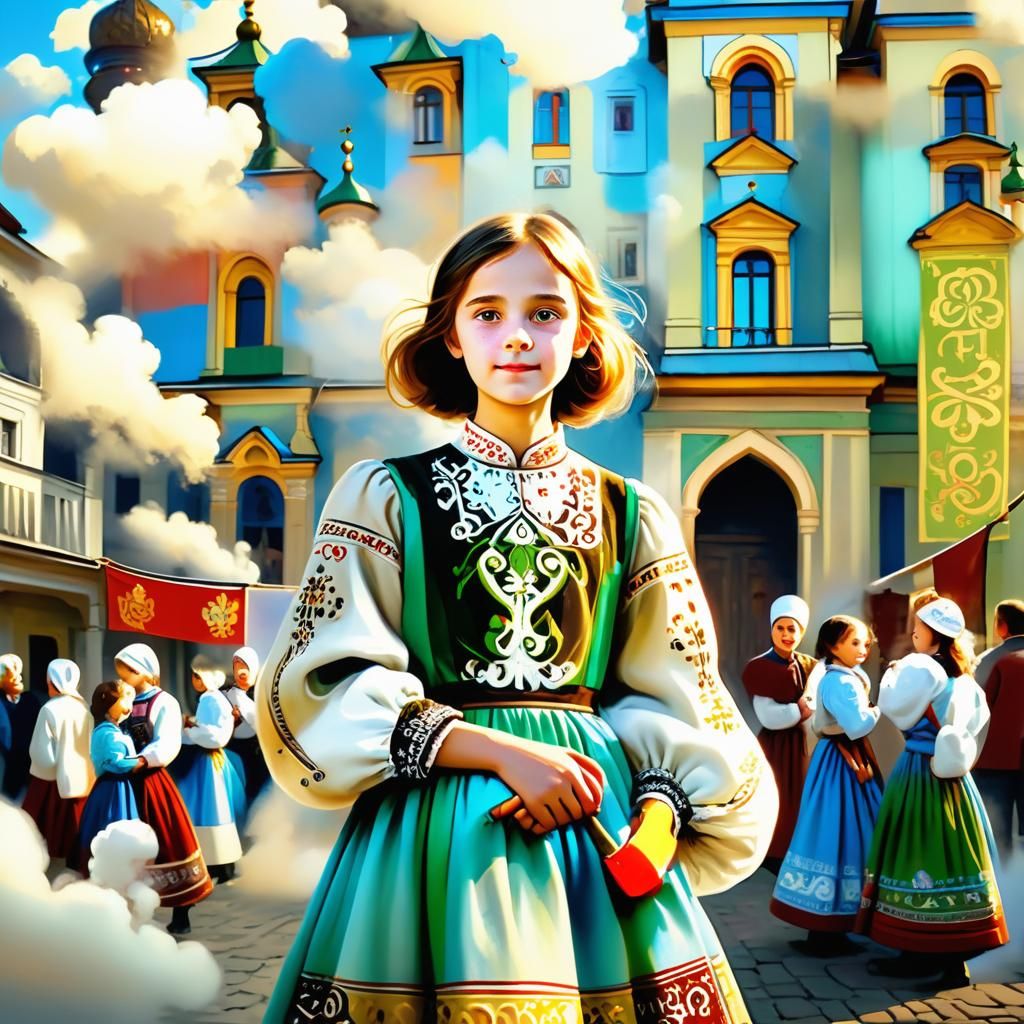 Idyllic Folk Art Scene with Girl and Comrades